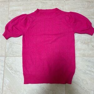 Short sleeve puff shoulder sweater with pointelle knit